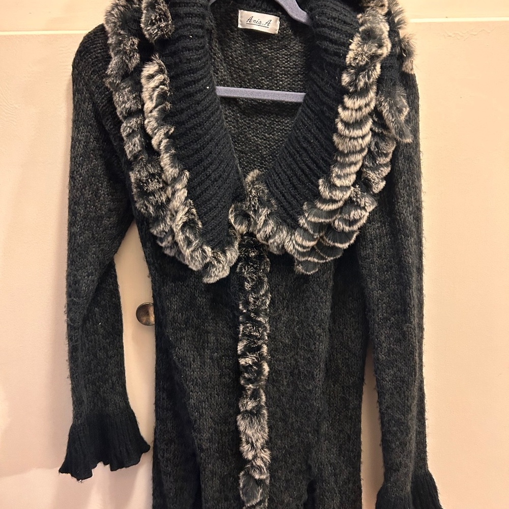 Vintage Unique Grey Anis A Grunge Y2k Long Duster With Fur Medium Art To Wear